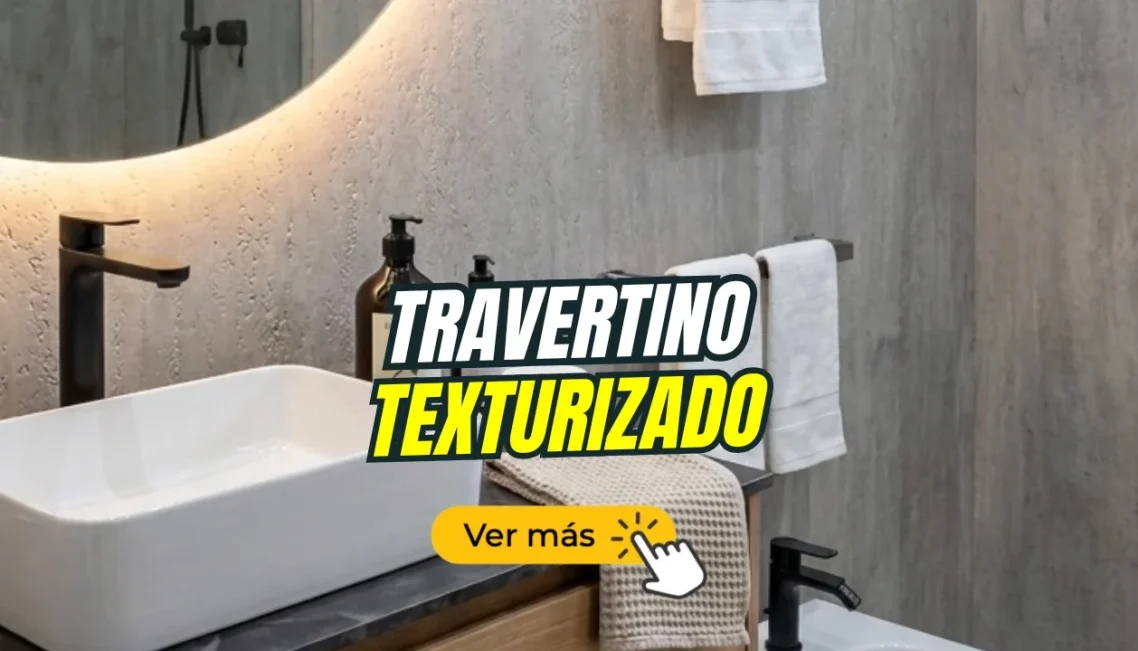 Placa decorativa travertino texturizada Baño moderno con lavabo de cerámica y grifería negra, decorado con travertino texturizado.