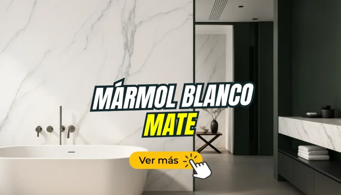 Placas decorativas Mármol blanco mate Baño moderno con bañera, paredes de mármol blanco y detalles en negro.