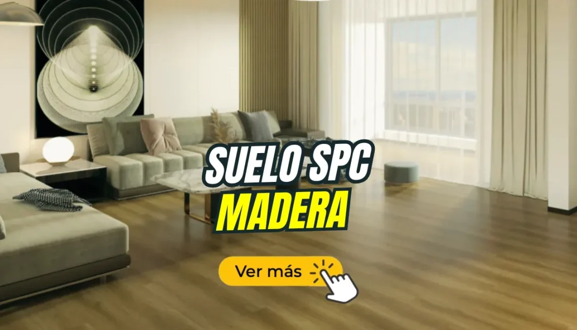 SUELO CLICK MADERA MARRÓN Interior moderno con suelo de madera marrón y sofá, texto promocional destacado.