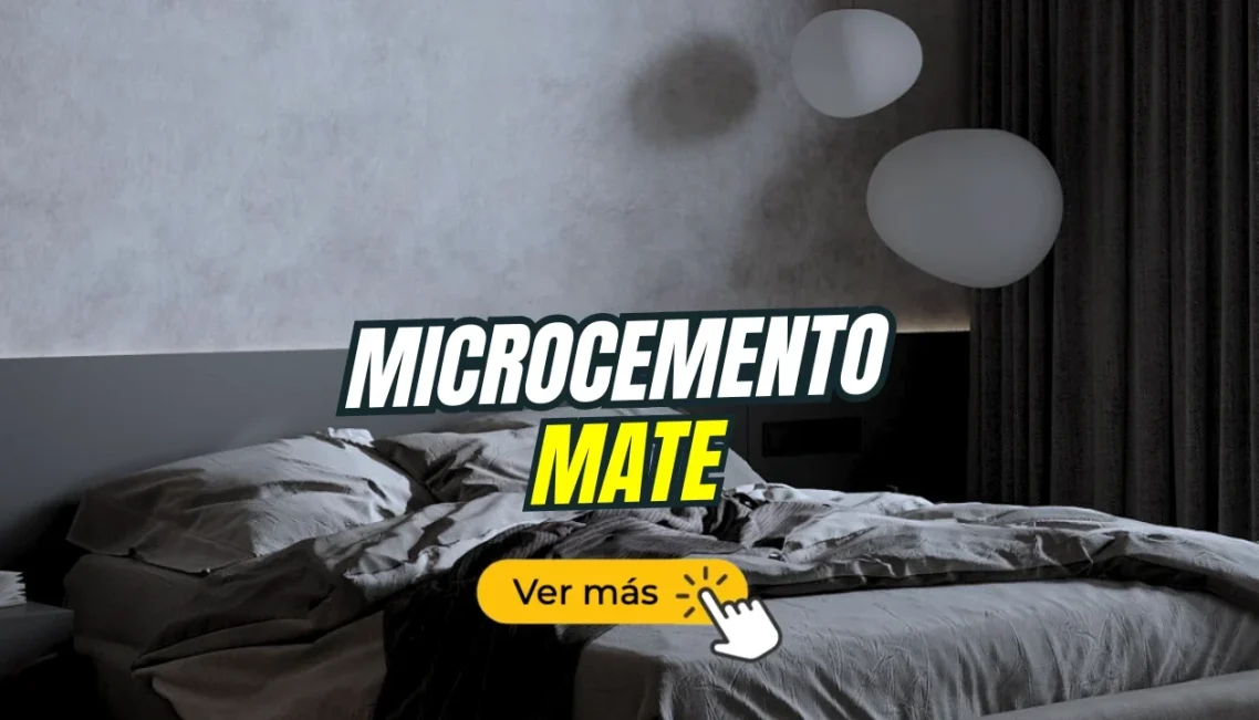 Placas decorativas microcemento oscuro mate Texto en un fondo gris que dice "Microcemento oscuro mate" con un botón "Ver más".