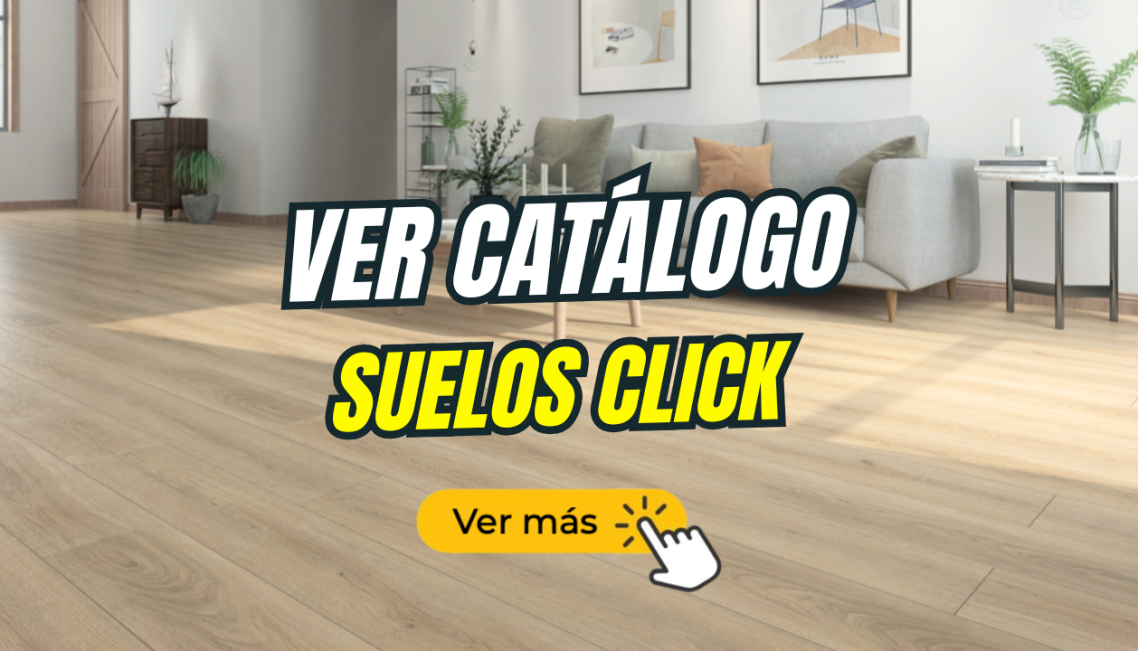 Catálogo de suelos click Suelo de madera clara con texto promocional sobre suelos click.