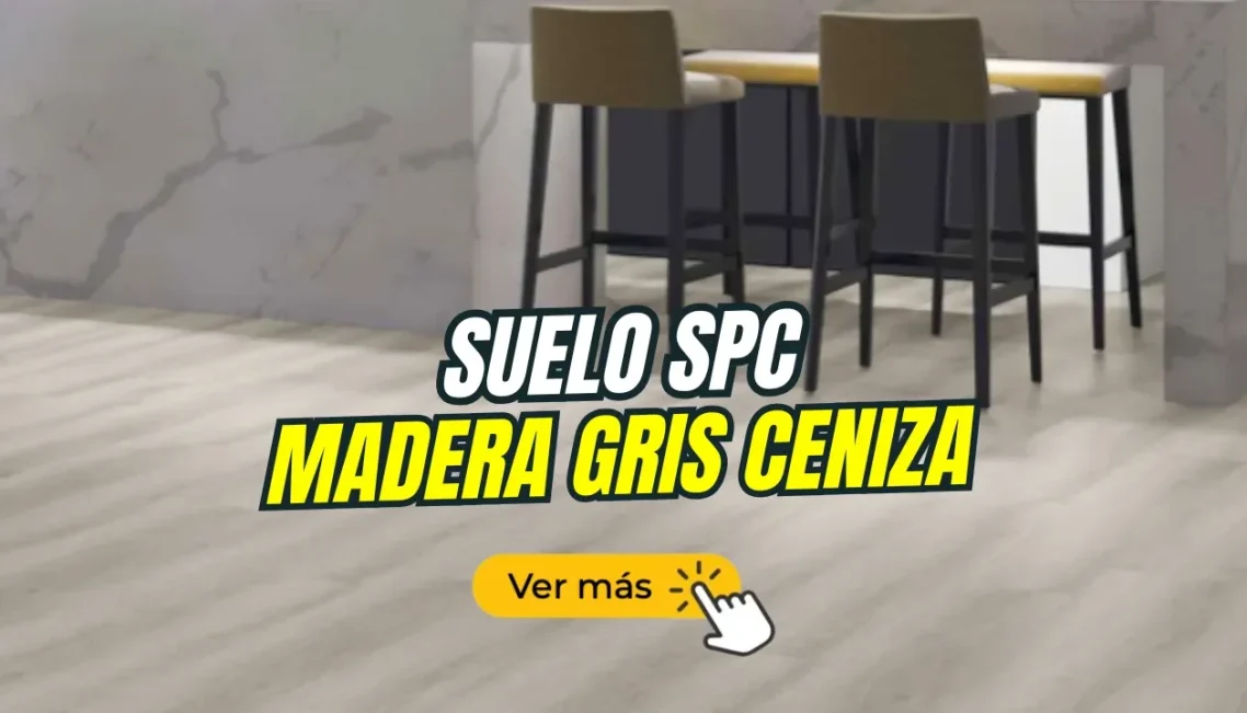 SUELO CLICK GRIS CENIZA Suelo de madera gris ceniza con mesa y sillas de diseño moderno.