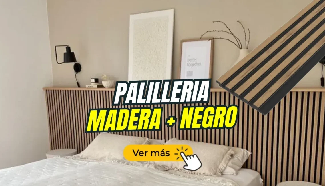 Palilleria madera y negro Habitación moderna con cama y cabecera de madera negra. Texto promocional sobre palillería.