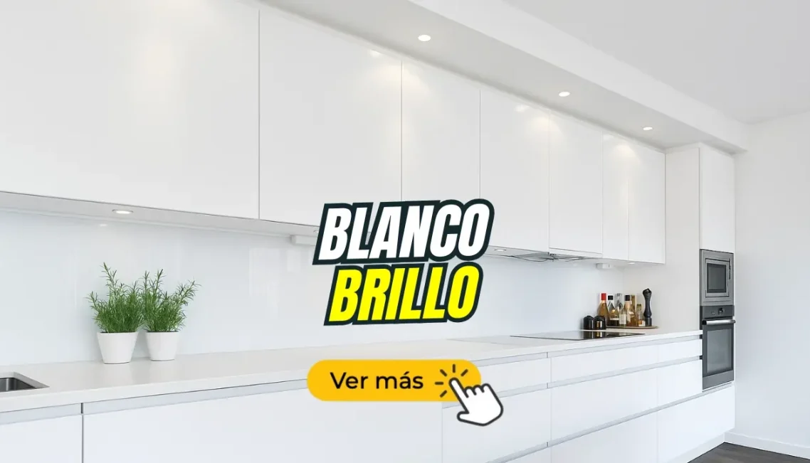 Placas decorativas blanco brillo Cocina moderna con muebles blancos y detalles brillantes, texto promocional visible.