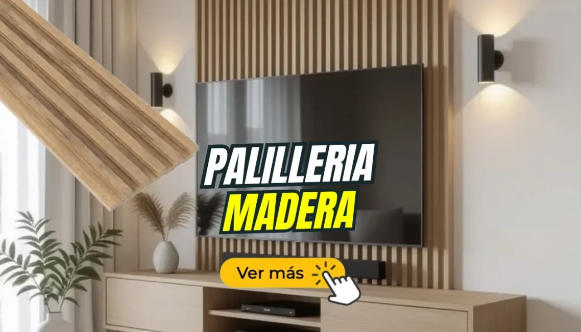 PALILLERIA MADERA Sala de estar moderna con televisor, iluminación y muebles de madera. Texto sobre palillería.