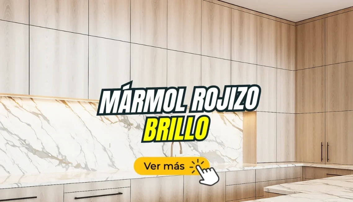 Placas decorativas Mármol rojizo brillo Texto en un ambiente con paredes de mármol rojo brillo y un botón de "Ver más".