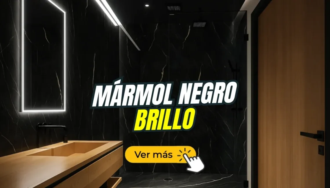 Placas decorativas roca negra brillo Interior moderno con paredes de roca negra brillante y un botón "Ver más".