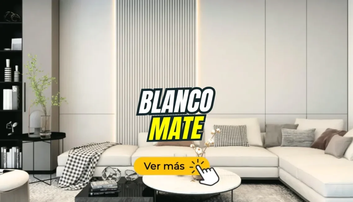 Placas decorativas blanco mate Interiores modernos con sofá blanco, mesa de café y decoraciones minimalistas.